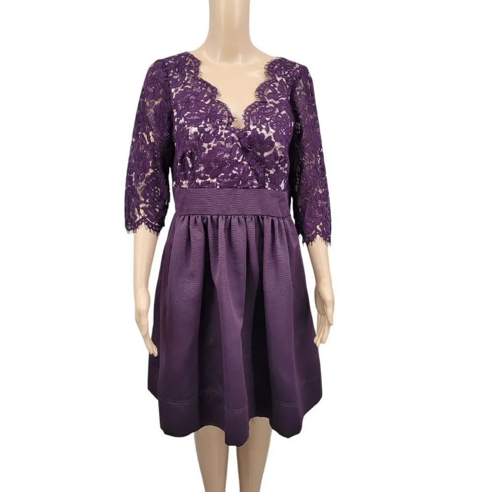 Eliza J Elegant Purple Ribbed Taffeta and Lace Midi Cocktail Semi Formal Dress
